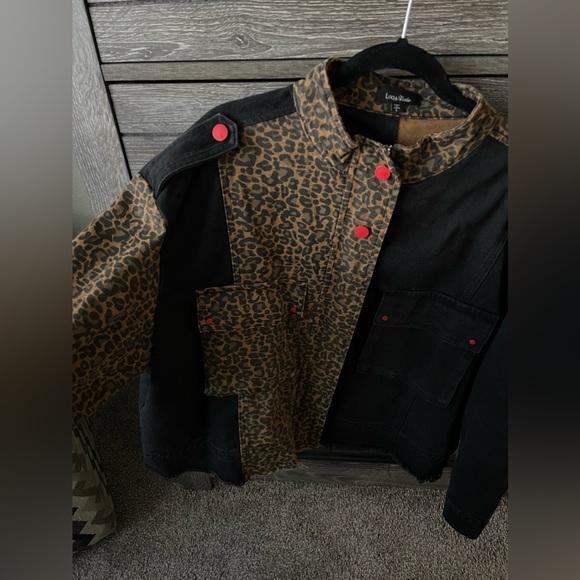Saks Fifth Avenue Lea & Viola Leopard Denim Jacket Large Black Brown - Picture 4 of 10